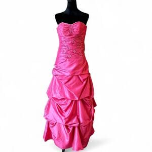 Y2K Strapless Pink Beaded Maxi Dress – coquette formal gown XS